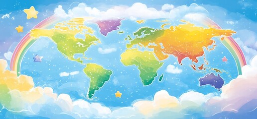 Colorful world map with clouds and rainbow.