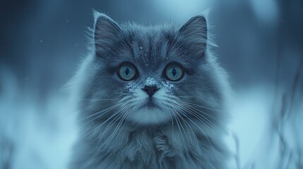 Close-up of a fluffy gray cat in the snow.