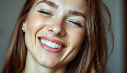 A cheerful young woman beams with happiness, showcasing her bright smile and sparkling eyes. Soft natural light highlights the warmth of her relaxed environment, emphasizing her joy