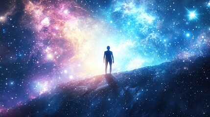 Fototapeta premium A silhouette of a person stands against a vibrant cosmic background filled with stars and colors.