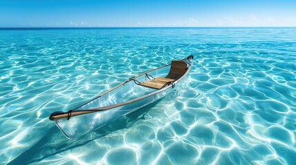 Fototapeta premium Transparent kayak gliding on crystal-clear water. Minimalistic setup, aquatic exploration