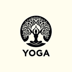 a yoga logo with a tree and a person doing yoga