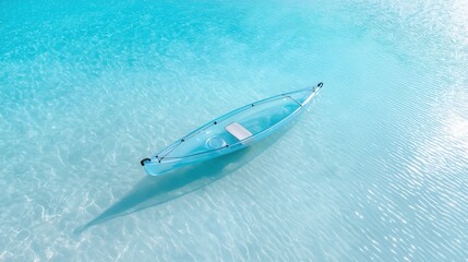 Transparent kayak gliding on crystal-clear water. Minimalistic setup, aquatic exploration