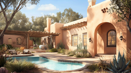 Maison de luxe de style Santa Fe avec architecture adobe traditionnelle