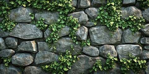 Stone wall with moss and vines in natural texture