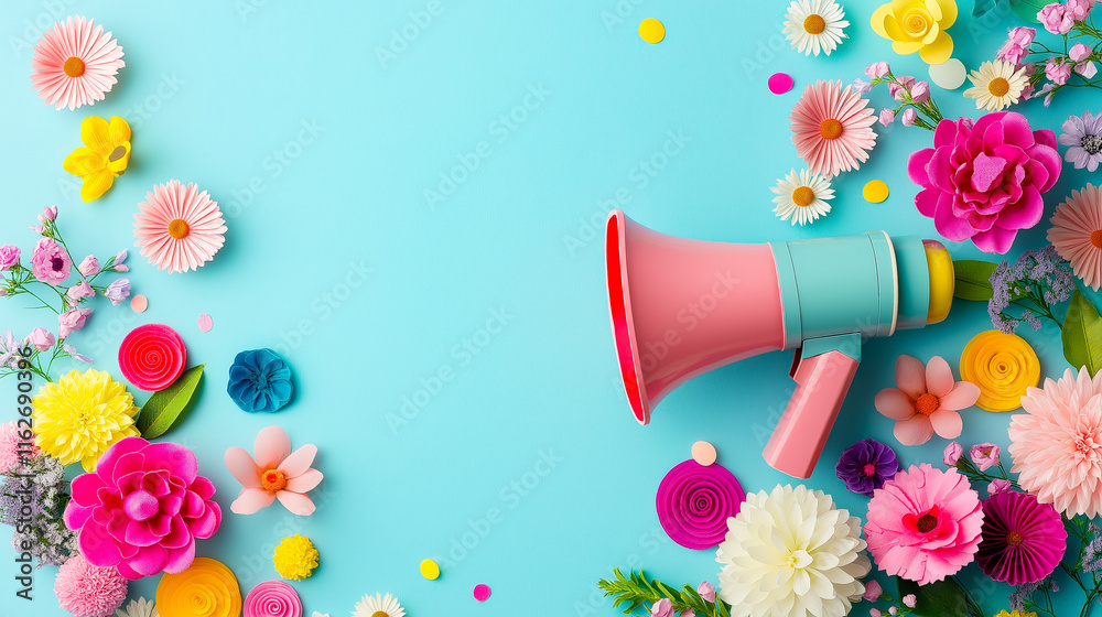Aufkleber colorful flowers and a pink megaphone create an inviting atmosphere for a cheerful announcement in a