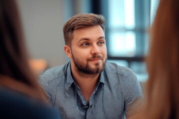 Obraz premium A confident young man with a friendly expression sitting in a modern office environment, engaged in a thoughtful conversation with colleagues.