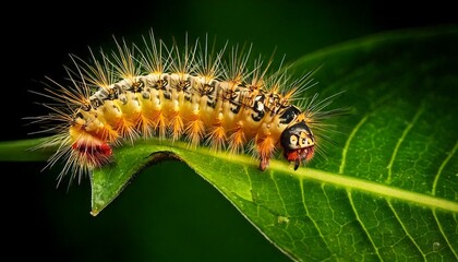 close up of caterpillar eating leaf, caterpillar is on green leaf
