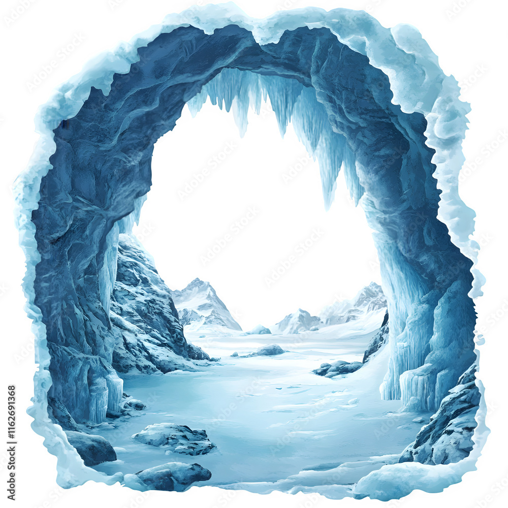 Poster snowy mountains and icy ground visible through an ice cave with hanging icicles and transparent back