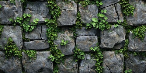 Stone wall with moss and vines in natural texture