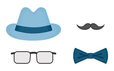 Set of elements for decorating design for father's day. Light blue men's hat and blue bow tie. Black square glasses and mustache isolated on transparent and white background. Vector illustration.