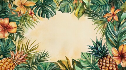 A watercolor frame with tropical elements like palm trees and flowers