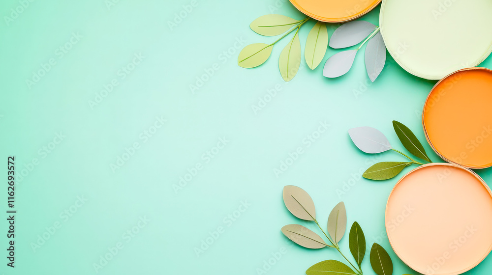 Aufkleber Beautiful arrangement of circular containers and leaves on a soft mint background for creative projects