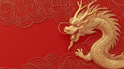 Chinese New Year is filled with vibrant symbolism. Golden Dragon in Embossed Style on Red Background