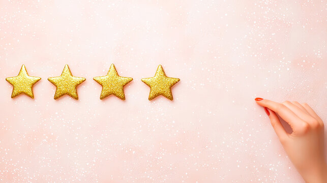 Bright golden stars crafted from dough are showcased on a light pink background, representing a rating or review
