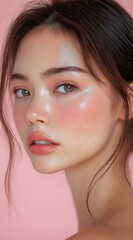 Fototapeta premium A beautiful portrait of a young woman with glowing skin and soft makeup against a pink background.