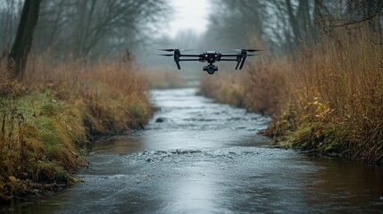 Drone Flying Over Scenic River Landscape in Lush Green Forest