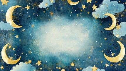 A whimsical watercolor starry night frame with crescent moon