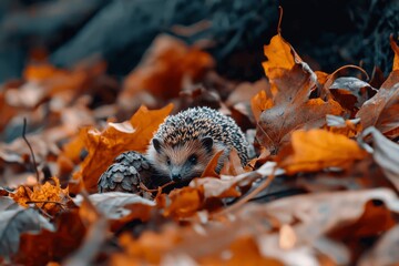 Fototapeta premium Adorable hedgehog nestled among vibrant autumn leaves, showcasing natural beauty and wildlife in a serene forest setting during the fall season.