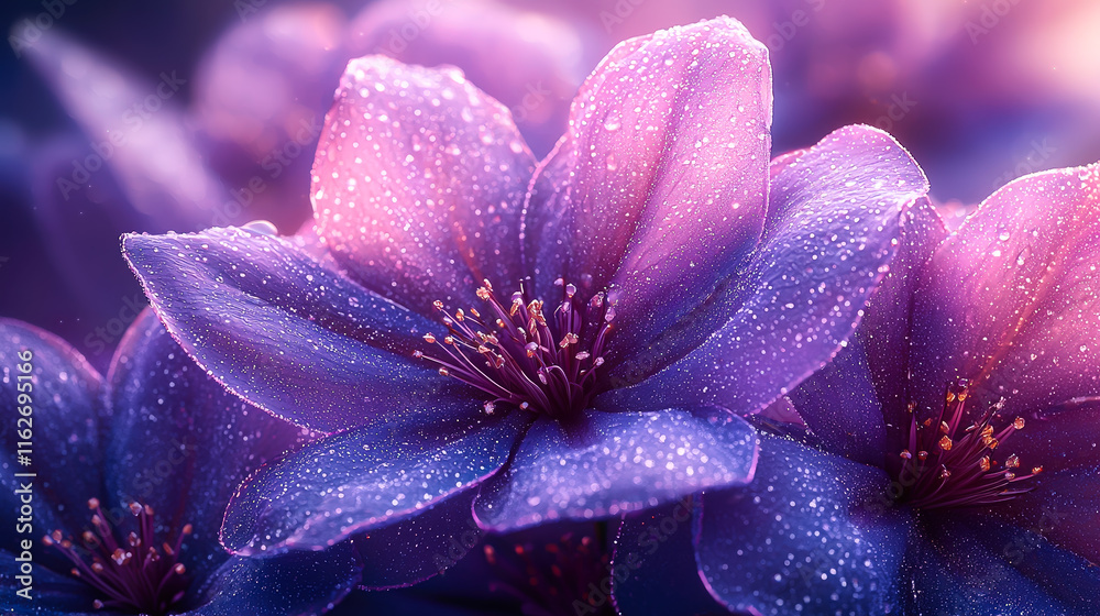 Aufkleber beautiful purple flowers covered in dew glisten in soft light during early morning hours in a serene