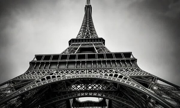 Low angle shot of an Eiffel Tower in Paris, black and white photograph