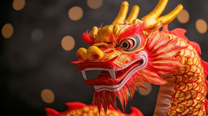 Chinese New Year's Eve Concept, Vibrant Dragon Dance Costume Parts Resting on Stage with Beautiful Bokeh Background Atmosphere