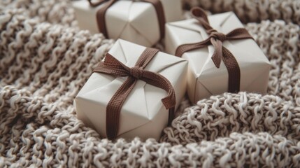 Gift boxes wrapped in woolen knitting, clean white canvas, 3D illustration, Christmas presents and gifts, new year background.