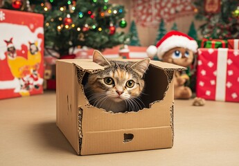Fototapeta premium Cute Kitten Playing in Cardboard Box Christmas Gift