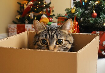 Curious Cat Hiding in Cardboard Box by Christmas Tree