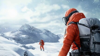 Adventurers in Bright Orange Suits Trekking Through Snowy Landscape Under Dramatic Sky with Snowfall and Majestic Mountains in the Background