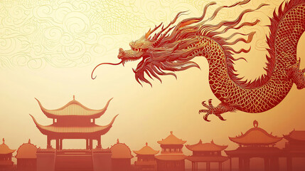 Chinese New Year is filled with vibrant symbolism. Majestic Chinese Dragon Soaring Over Traditional Architecture
