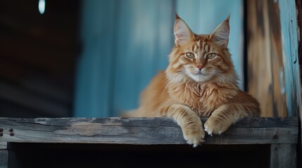 Majestic Maine Coon Cat Lounging Gracefully on Rustic Wooden Shelf with Bright Blue Background, Exuding Serenity and Charm in Home Environment