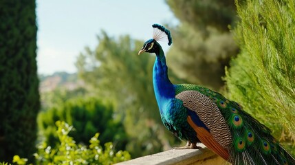 Obraz premium Majestic Peacock Displaying Vibrant Feathers in Natural Garden Setting Surrounded by Lush Foliage and Bright Sunlight