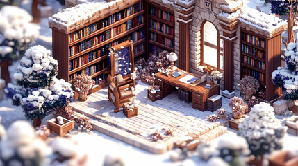Cozy snowy library with wooden desk, chair, bookshelves, plants, and window.