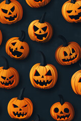 A pattern of carved Halloween pumpkins with various expressions on a dark background.