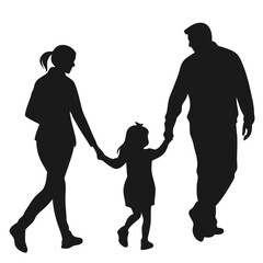  a young daughter walking hand in hand with her mom and dad with silhouette black colour with white background