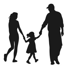  a young daughter walking hand in hand with her mom and dad with silhouette black colour with white background