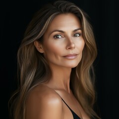 A striking portrait of a woman with long hair, showcasing natural beauty and elegance against a dark background.