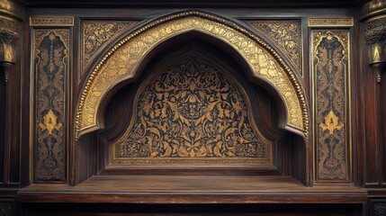 Obraz premium Ornate Dark Wood Panel with Gilded Arabesque Inlay: Elegant Islamic Art