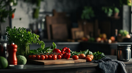Fresh ingredients on a wooden table in a rustic kitchen preparing for a cooking session