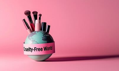 A globe adorned with makeup brushes, highlighting the concept of cruelty-free beauty against a vibrant pink background.