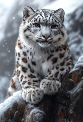 Fototapeta premium Majestic snow leopard perched on snowy rock, winter scene.