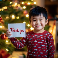 A cute young East Asian boy with a joyful smile, holding up a white paper with the words "Thank you" written in red, with a beautifully lit Christmas tree behind him