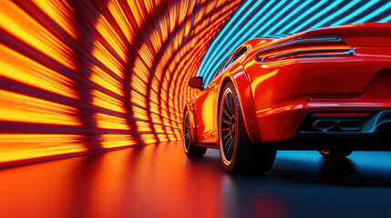 Obraz premium vibrant red car in dynamic tunnel with colorful light streaks creates exhilarating atmosphere