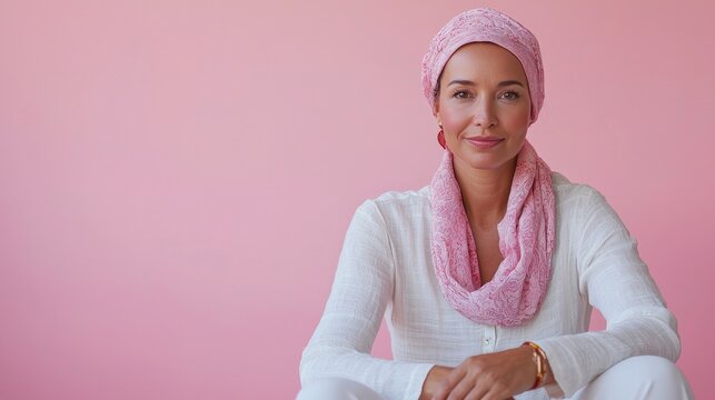 Woman sitting calmly in a studio with a pastel pink background, hands resting on her lap, wearing a headscarf, serene expression, symbolizing courage and hope in the cancer journey