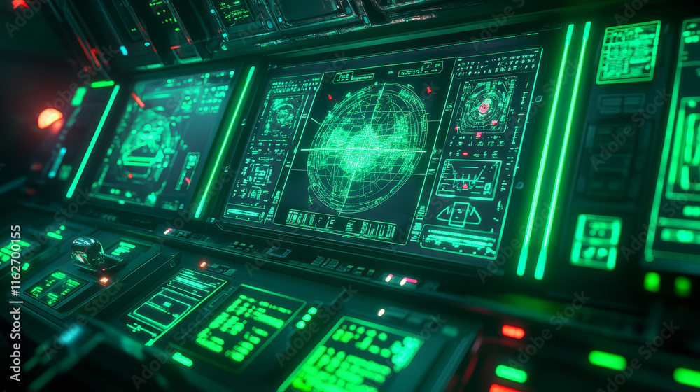 Poster hud military radar or sonar display screen interface of submarine, ship and airplane navigation. fut
