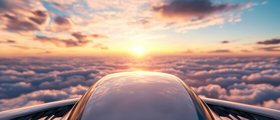 Obraz premium stunning view from aircraft wing above clouds at sunset, showcasing vibrant colors and serene atmosphere
