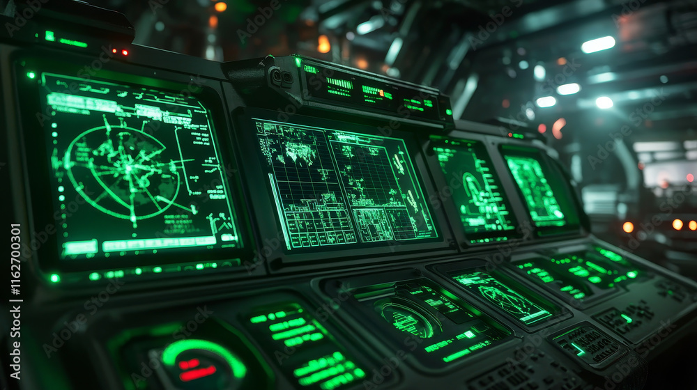 Poster hud military radar or sonar display screen interface of submarine, ship and airplane navigation. fut