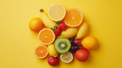 Bright assortment of fresh fruits arranged on a vibrant yellow background