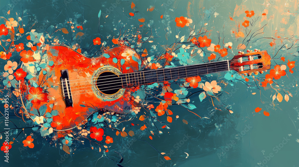 Wall mural Guitar with floral embellishments for musical design. Jpeg version also available in gallery